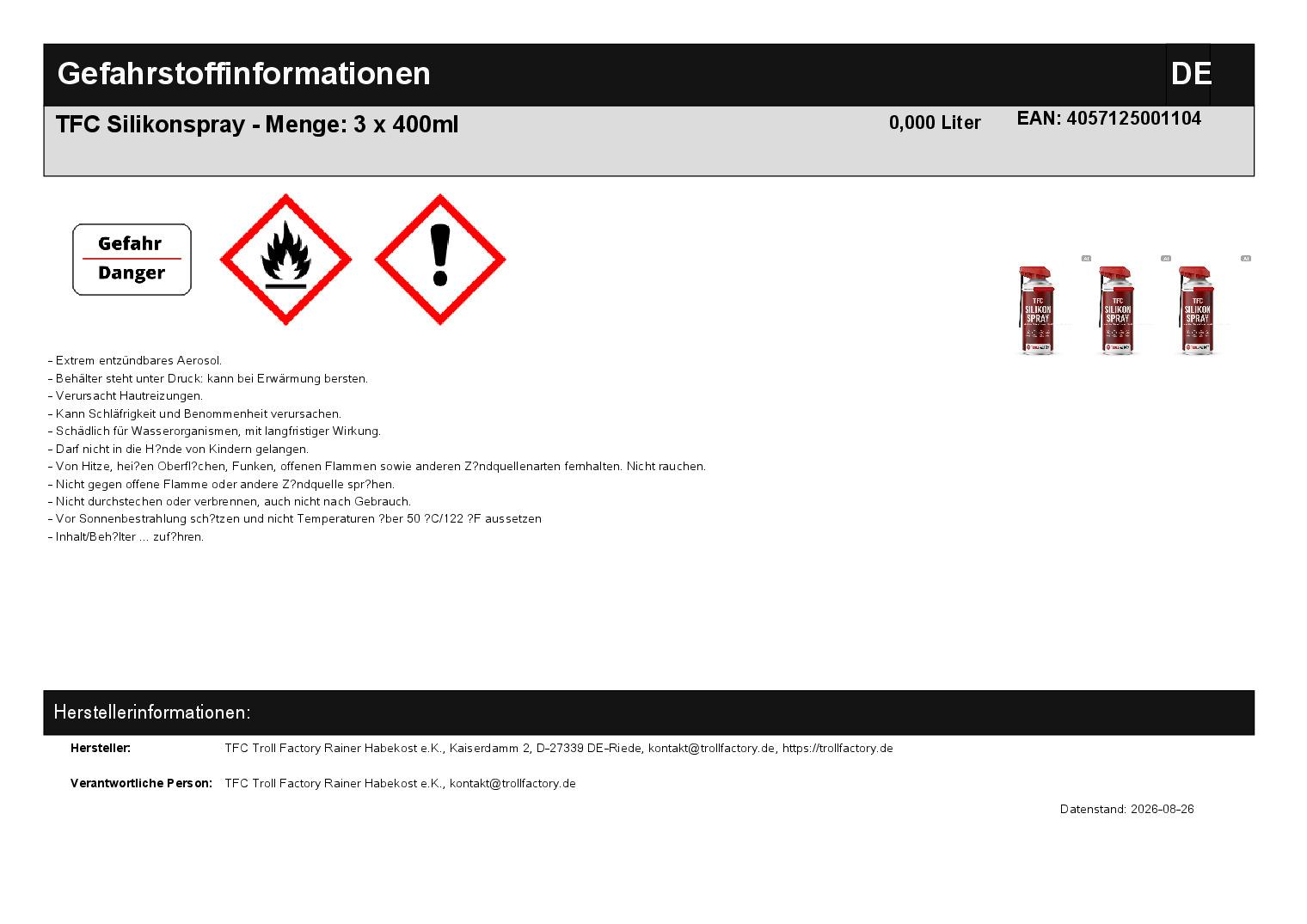 TFC Silikonspray - Menge: 3 x 400ml