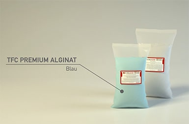 TFC Premium Alginat Banner Banner mit einer Abbildung von einer Tüte mit blauem TZFC Premium Alginat
