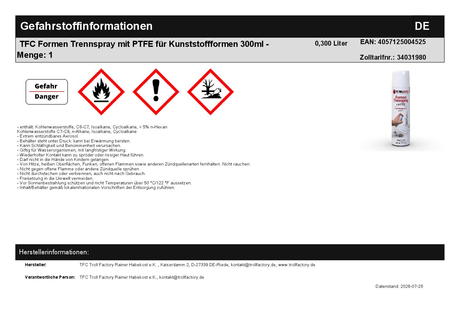 TFC Formen Trennspray mit PTFE für Kunststoffformen 300ml - Menge: 1