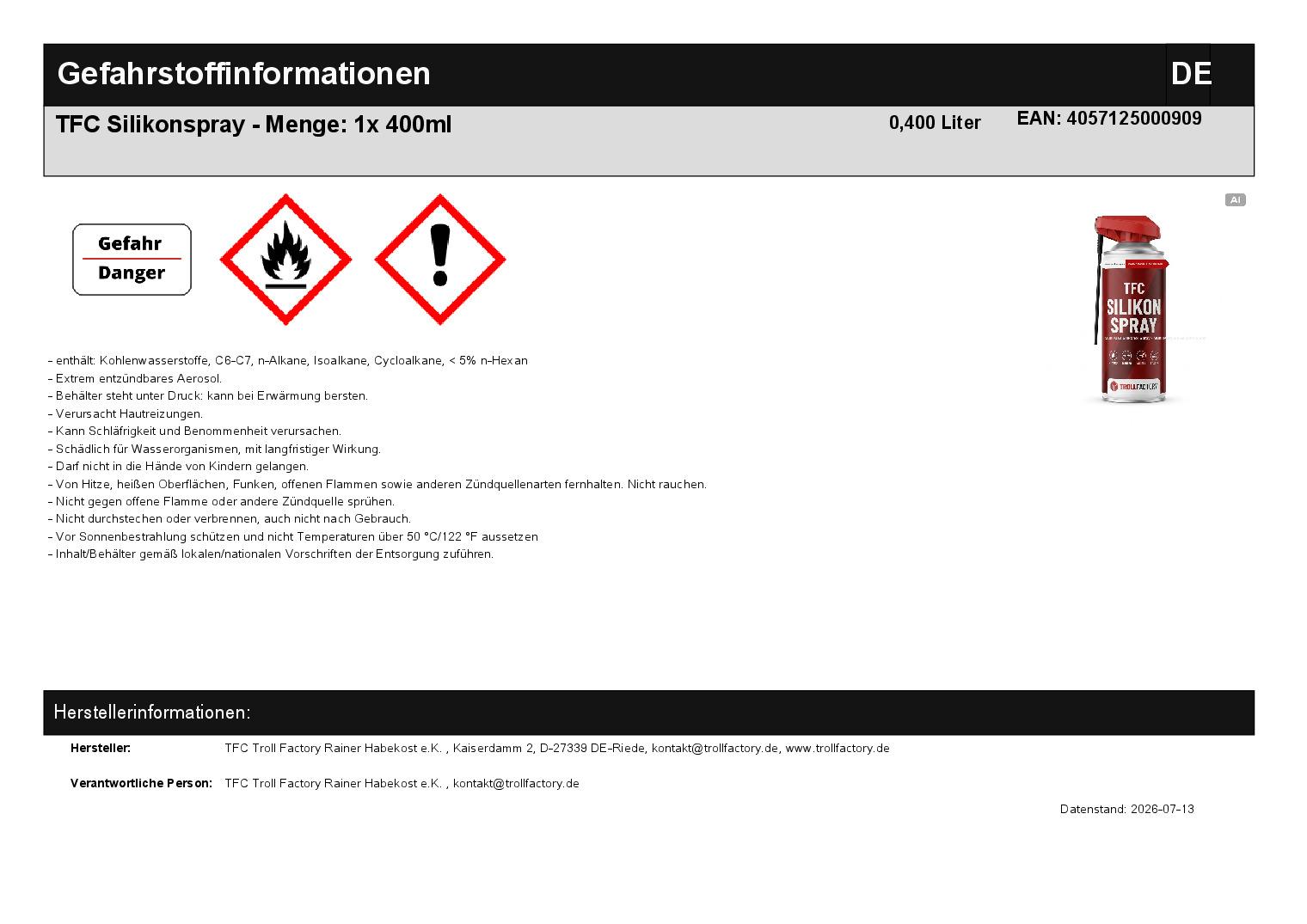 TFC Silikonspray - Menge: 1 x 400ml