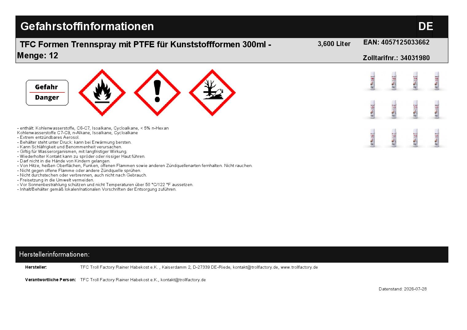 TFC Formen Trennspray mit PTFE für Kunststoffformen 300ml - Menge: 12