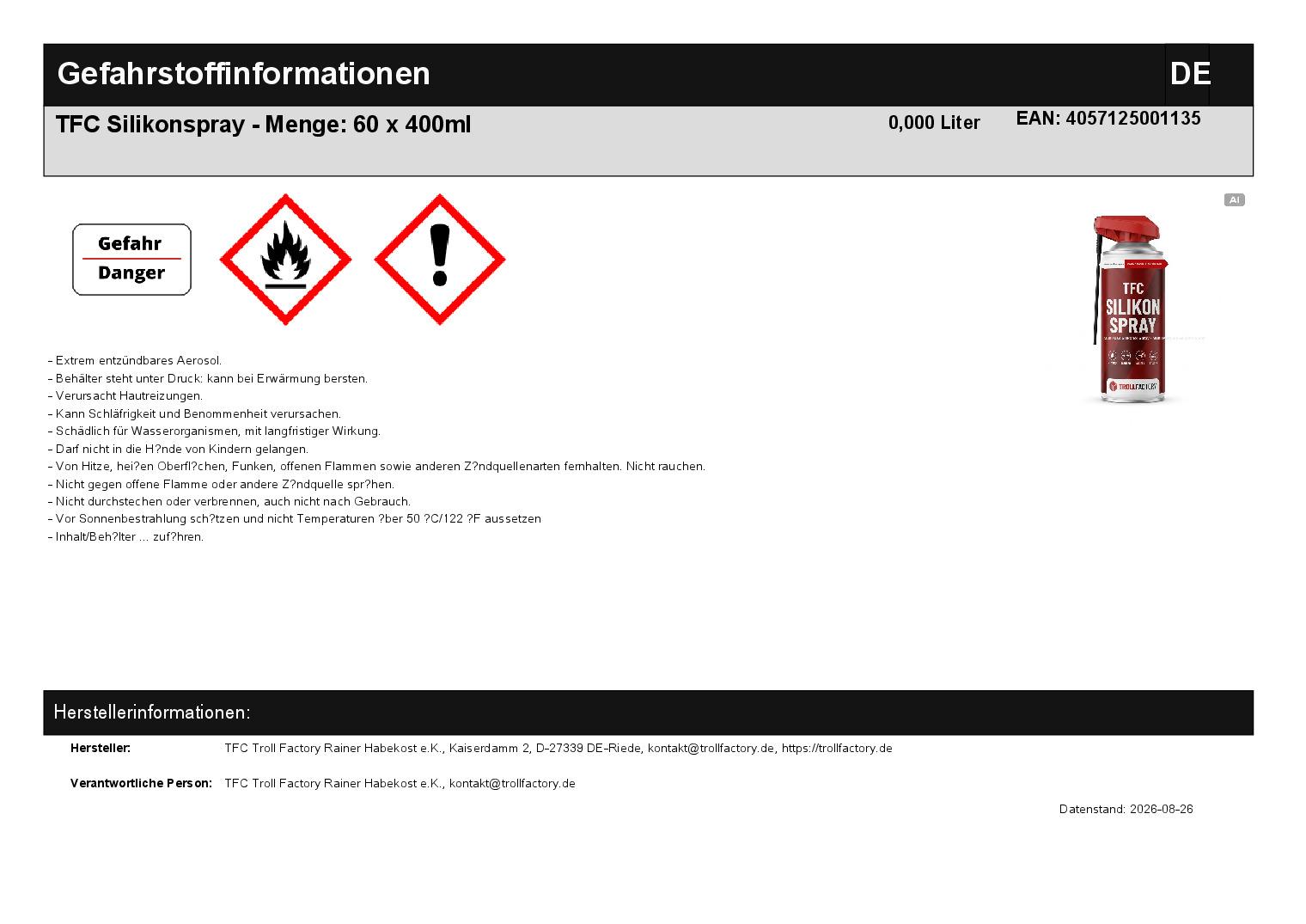 TFC Silikonspray - Menge: 60 x 400ml