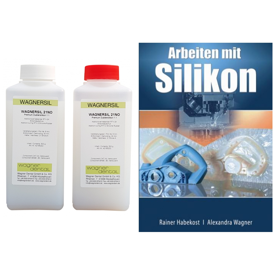 Wagnersil Premium 21 NO transluzent Shore 21 EFZ 30 min 1:1 im Set mit Buch Arbeiten Silikon von Rainer Habekost und Alexandra Wagner - Größe: 1kg (2x500g)