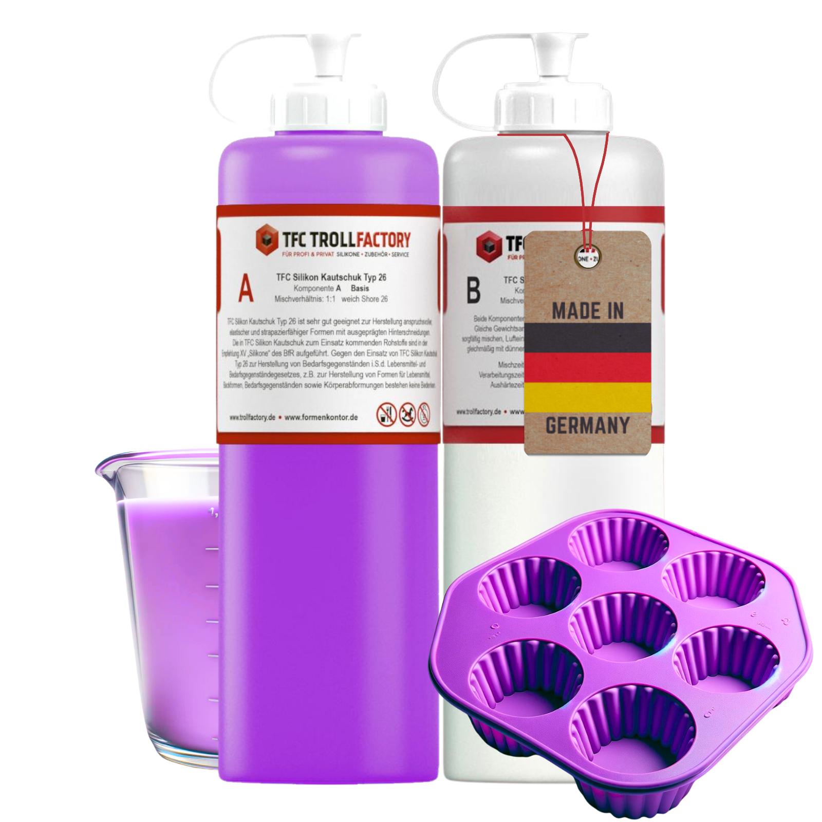 TFC Silikon Kautschuk Typ 26 Lebensmittel flieder weich Shore 1:1 DIY Backform  - Größe: 500g (2x250g) TFC Silikon Kautschuk Typ 26 Lebensmittel flieder weich Shore 1:1 DIY Backform  - Größe: 500g (2x250g)