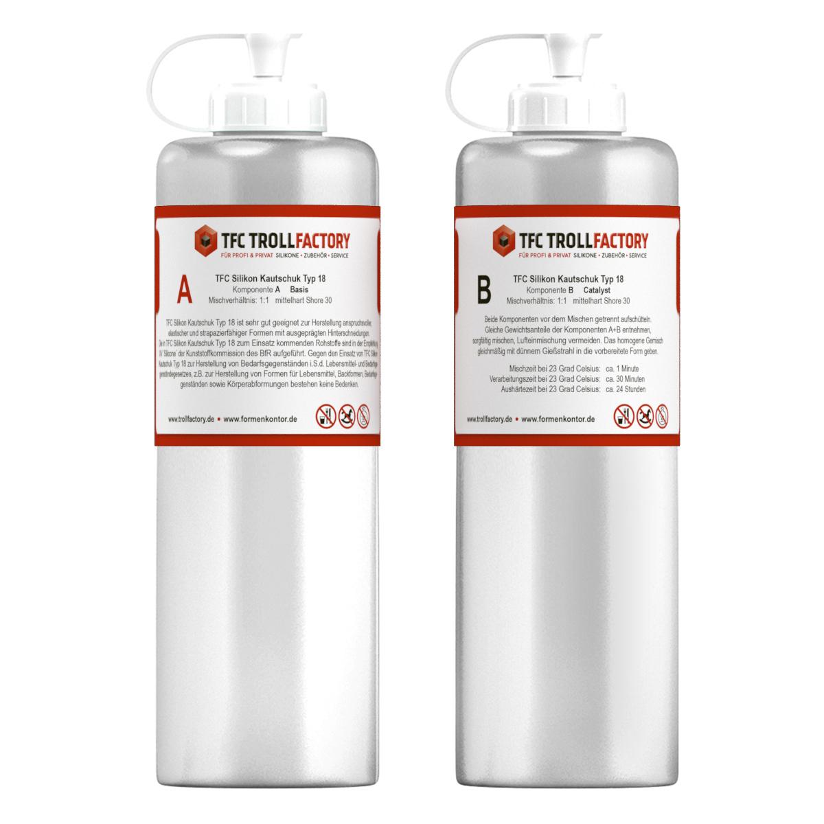 TFC Silikon Kautschuk Typ 18 Lebensmittel transluzent mittelhart Shore 30 1:1 - Größe: 500g (2x 250g) TFC Silikon Kautschuk Typ 18 Lebensmittel transluzent mittelhart Shore 30 1:1 - Größe: 500g (2x 250g)
