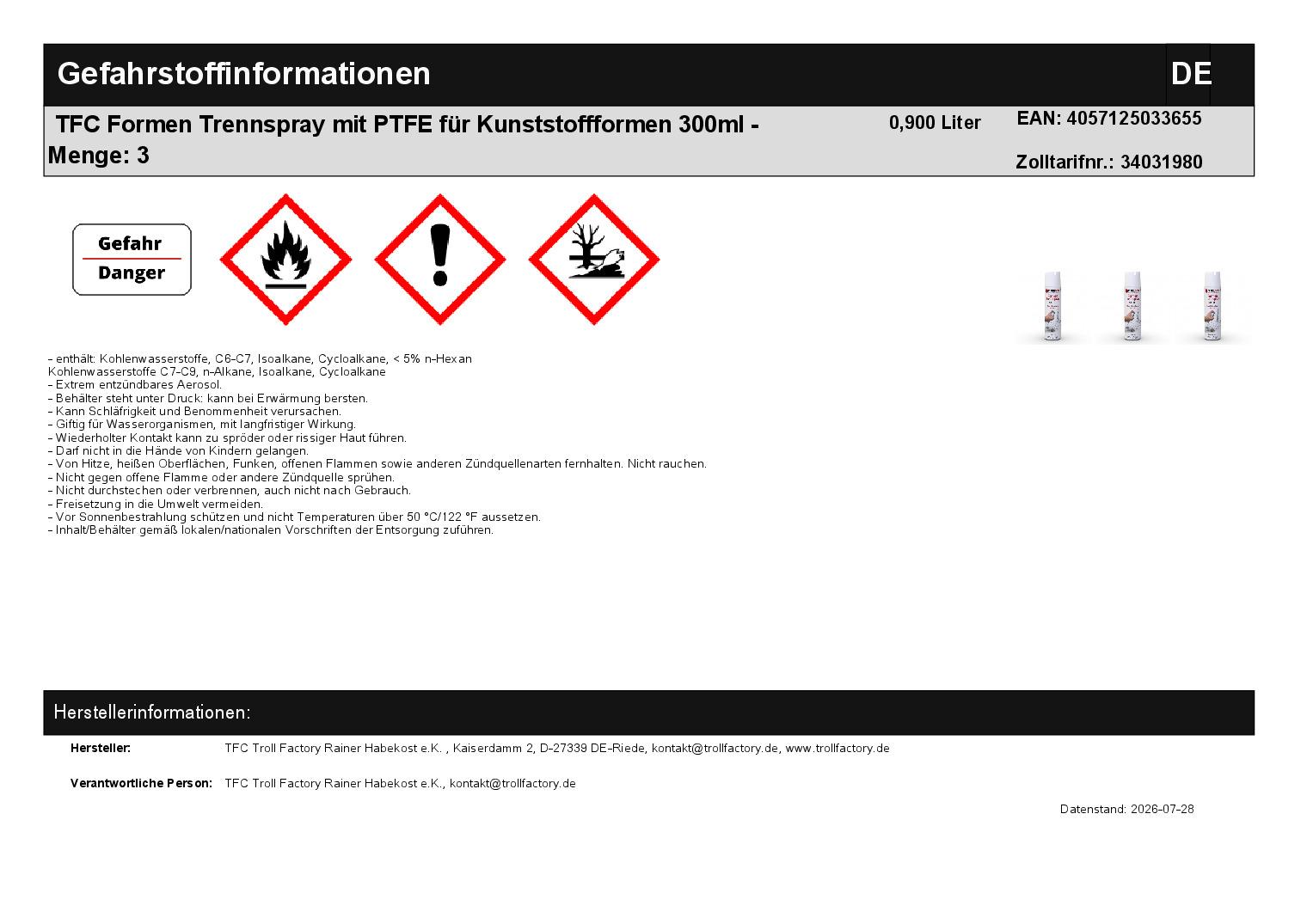 TFC Formen Trennspray mit PTFE für Kunststoffformen 300ml - Menge: 3