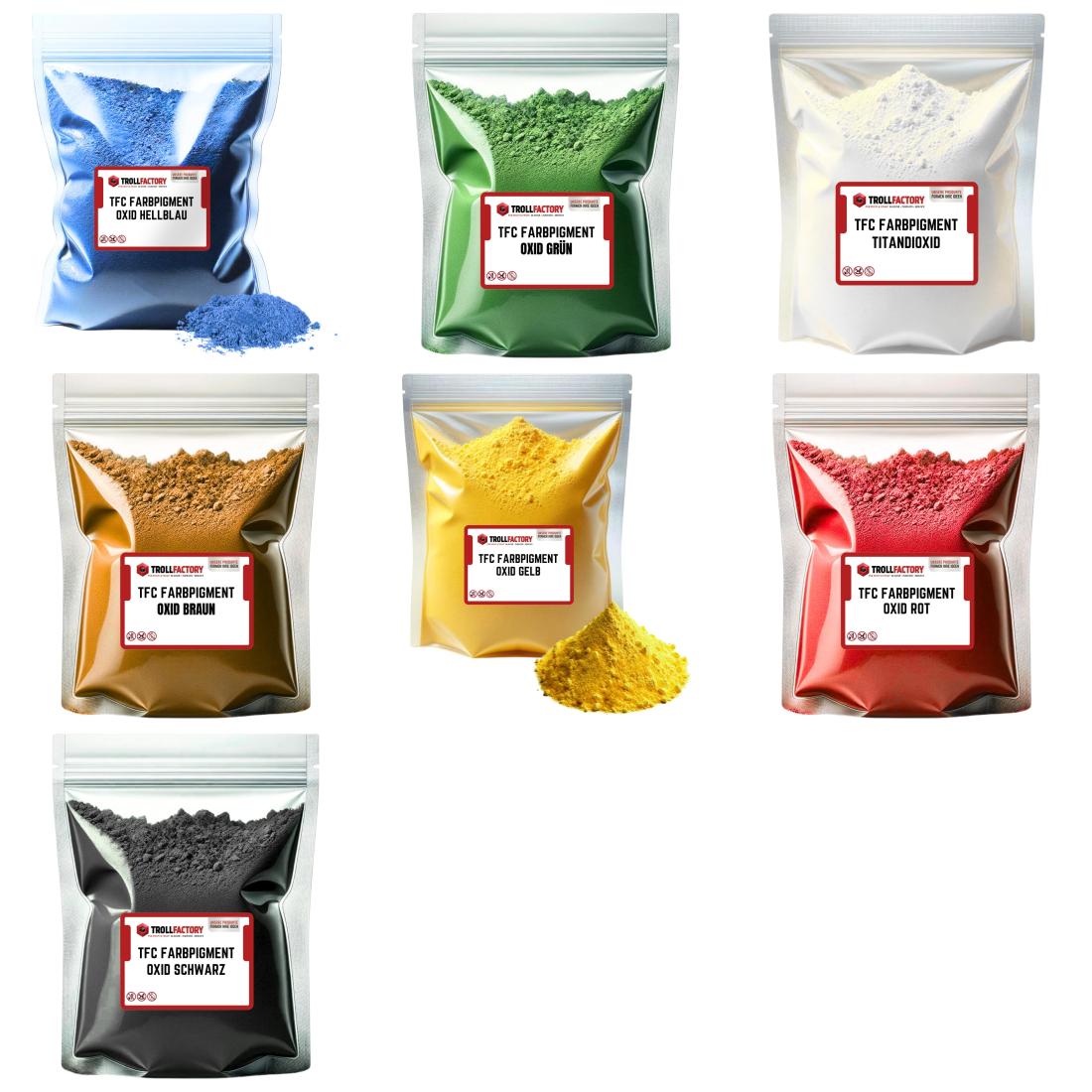 Set 7 x TFC Farbpigment Oxid je 50 g schwarz braun, grün, hellblau, rot, gelb, weiß