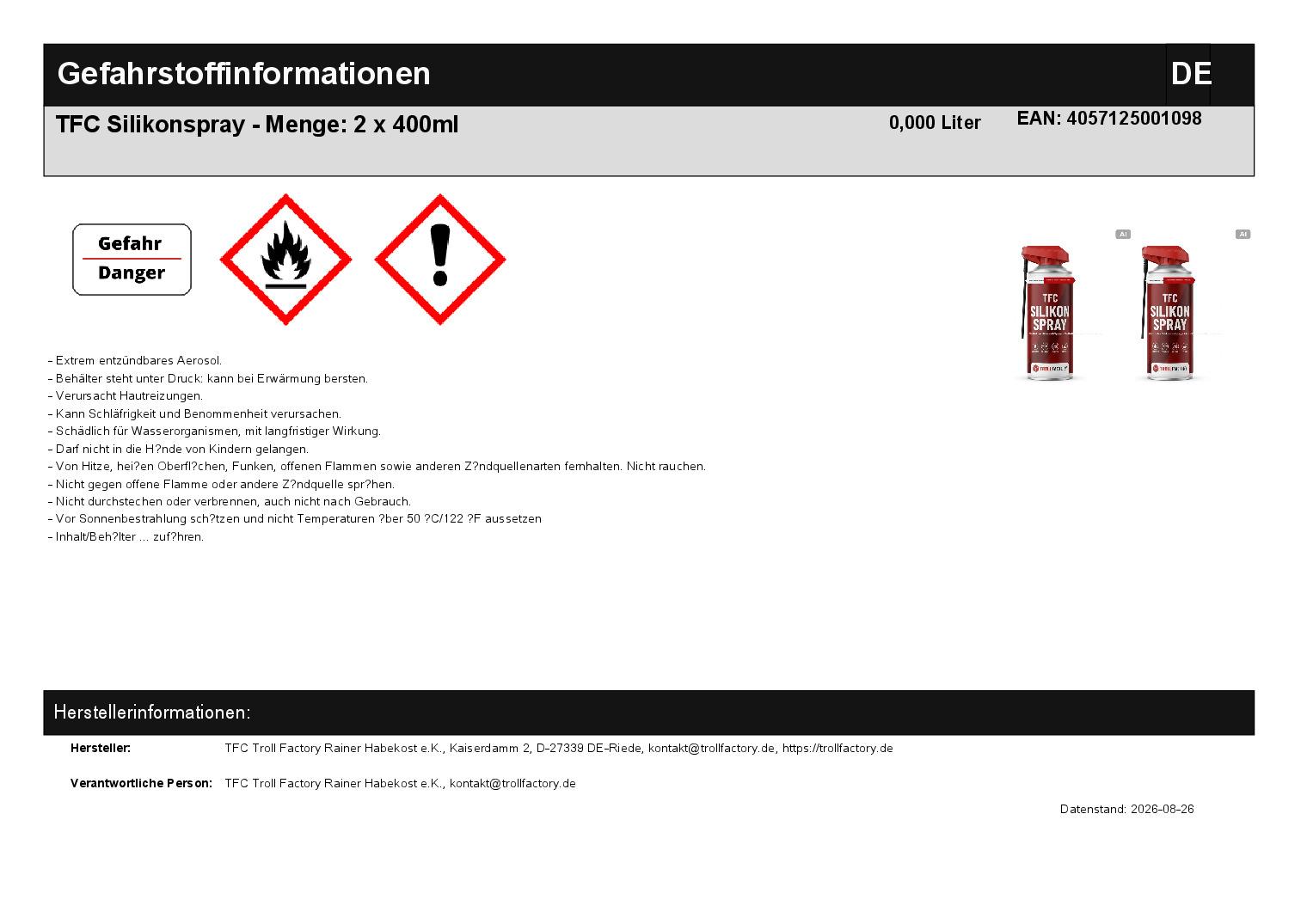 TFC Silikonspray - Menge: 2 x 400ml