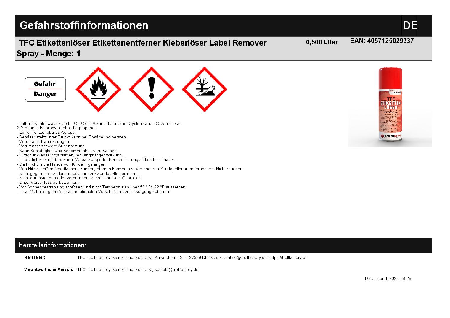 TFC Etikettenlöser Etikettenentferner Kleberlöser Label Remover Spray - Menge: 1