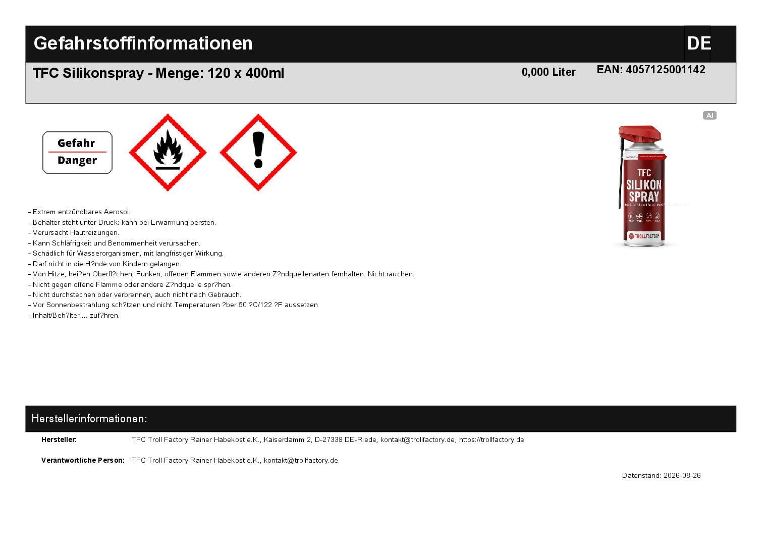 TFC Silikonspray - Menge: 120 x 400ml