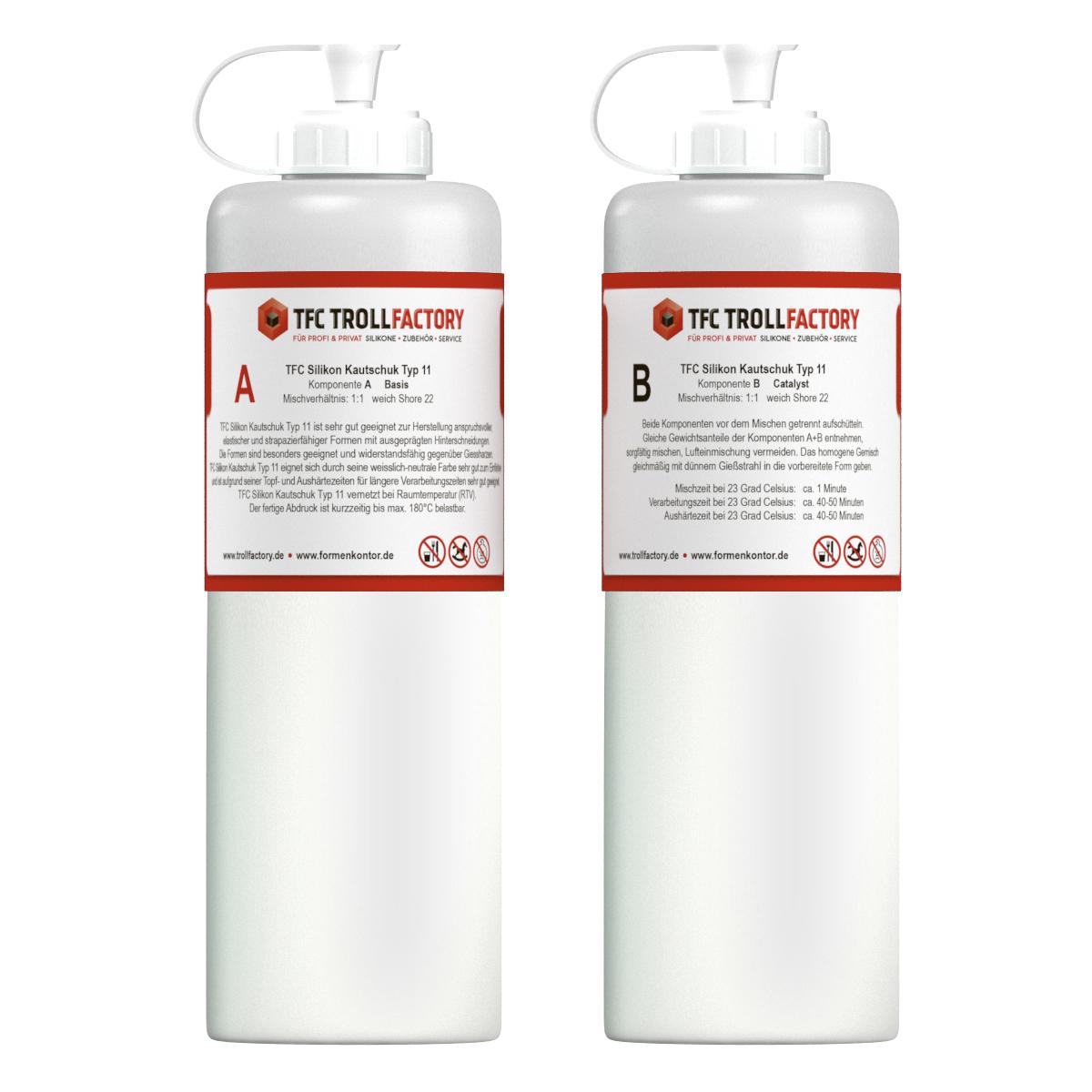 TFC Silikon Kautschuk Typ 11 weißlich-neutral Shore 22 - Größe: 500g (2x250g) TFC Silikon Kautschuk Typ 11 weißlich-neutral Shore 22 - Größe: 500g (2x250g)