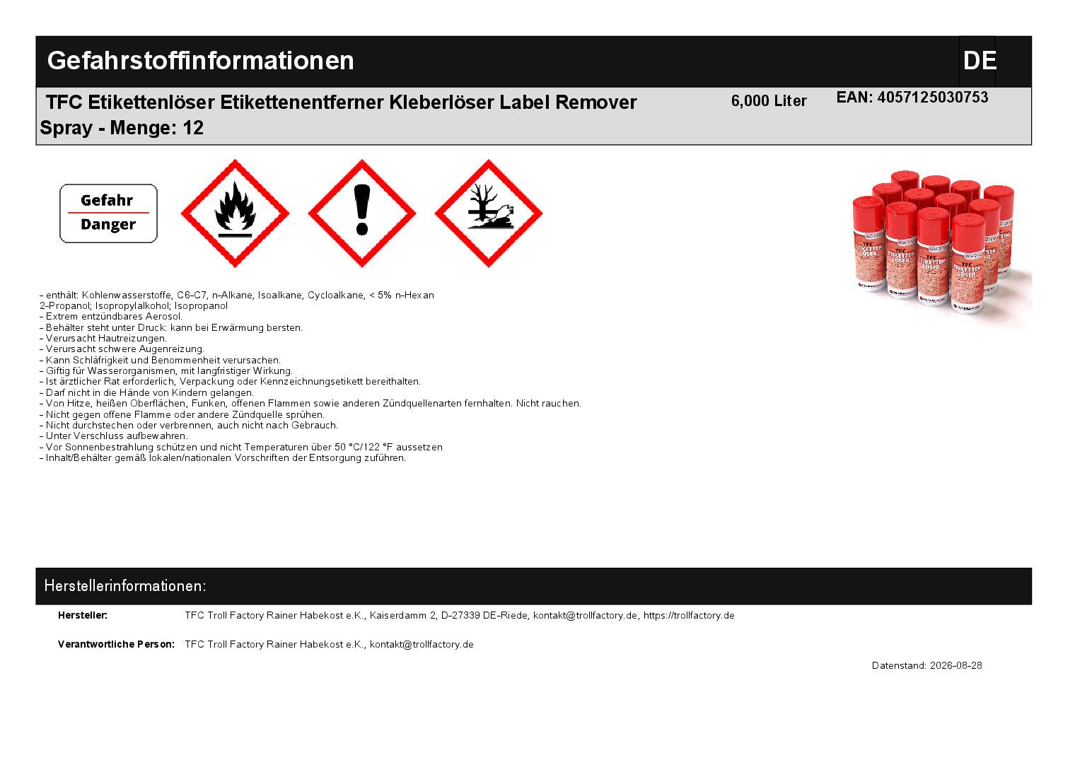 TFC Etikettenlöser Etikettenentferner Kleberlöser Label Remover Spray - Menge: 12