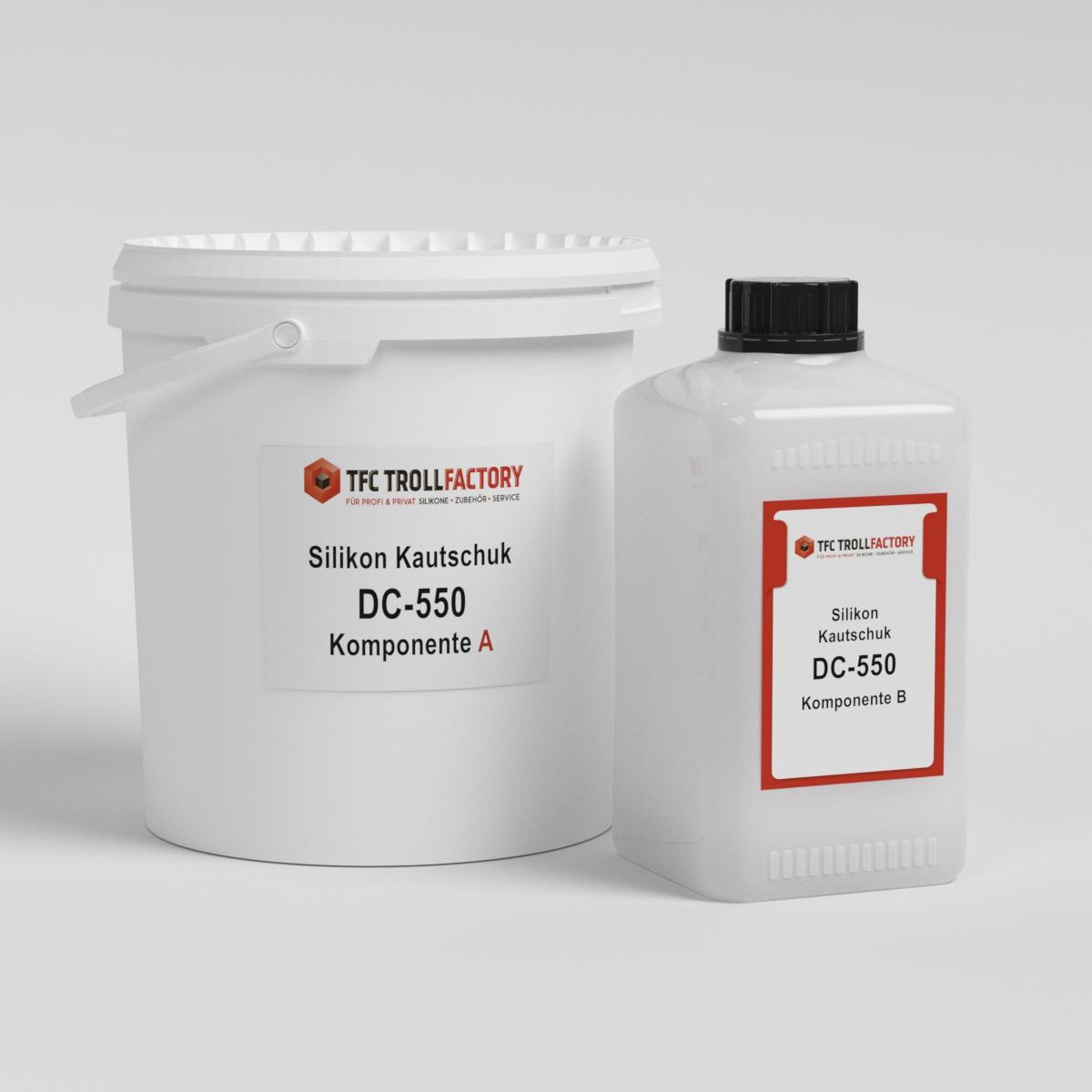 Silikon Kautschuk DC-550, Shore A 55, Größe 5,5 kg (5kgA/500gB)Sonderposten Silikon ohne Einfärbung transluzent Silikon Kautschuk DC-550, Shore A 55, Größe 5,5 kg (5kgA/500gB)Sonderposten Silikon ohne Einfärbung transluzent