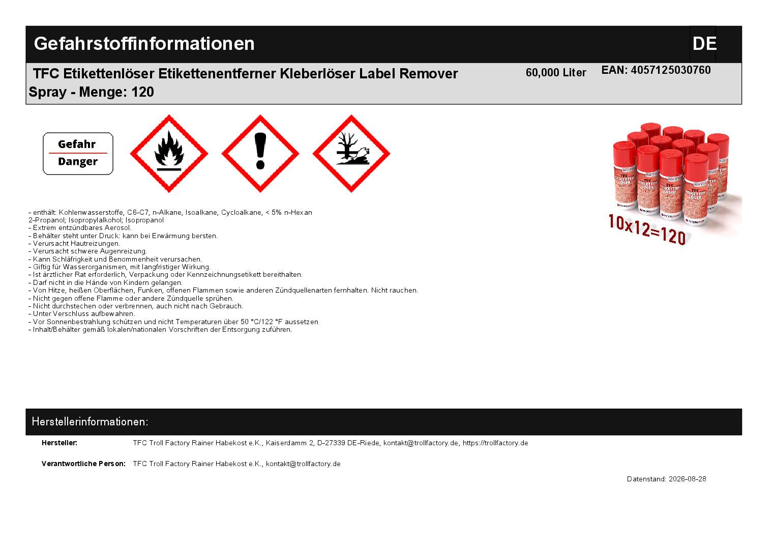 TFC Etikettenlöser Etikettenentferner Kleberlöser Label Remover Spray - Menge: 120