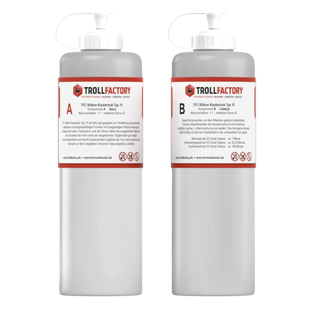 TFC Silikon Kautschuk Typ 15 transluzent Shore 32 1:1 mittelhart - Größe: 500g (2x250g) TFC Silikon Kautschuk Typ 15 transluzent Shore 32 1:1 mittelhart - Größe: 500g (2x250g)