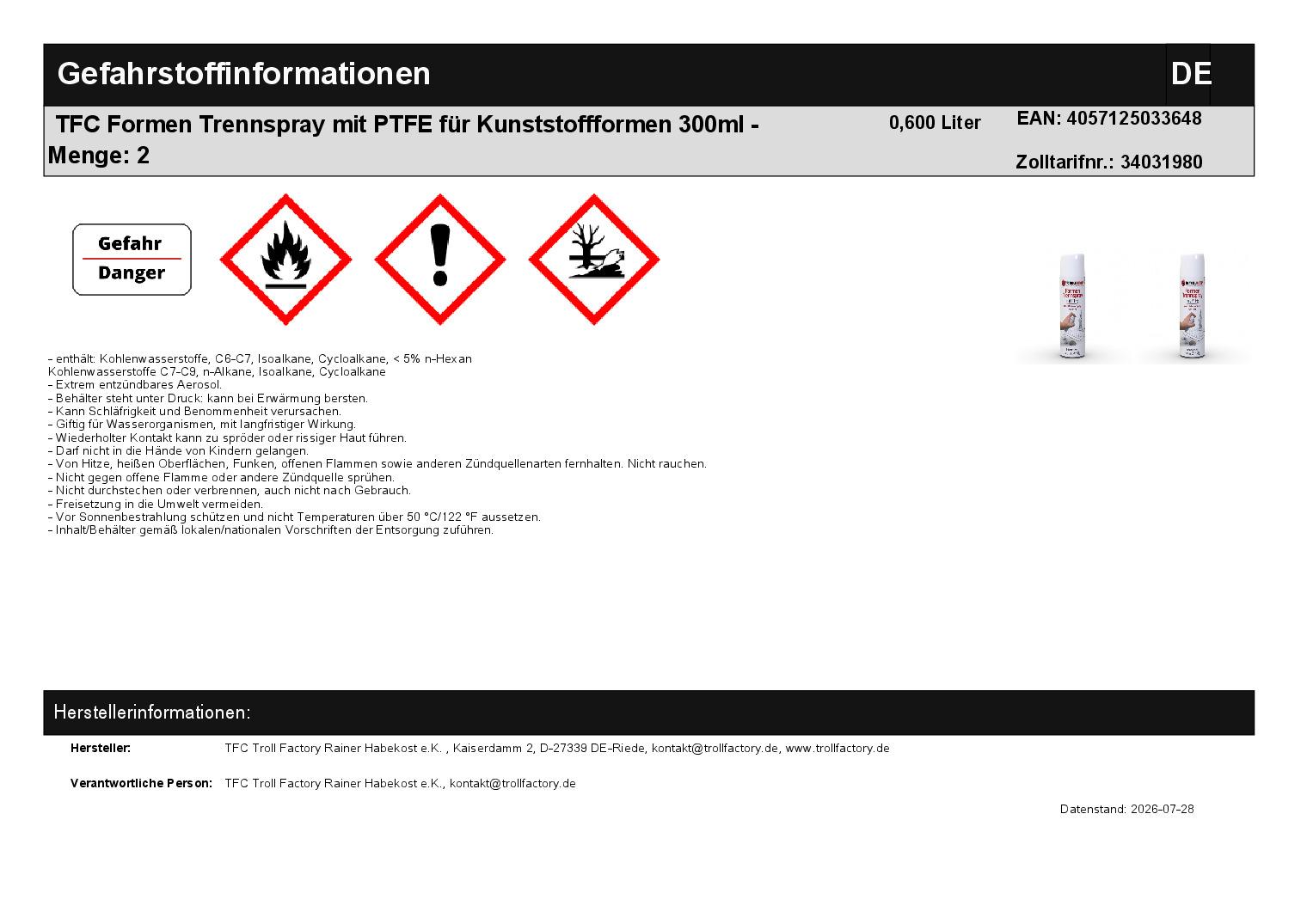 TFC Formen Trennspray mit PTFE für Kunststoffformen 300ml - Menge: 2