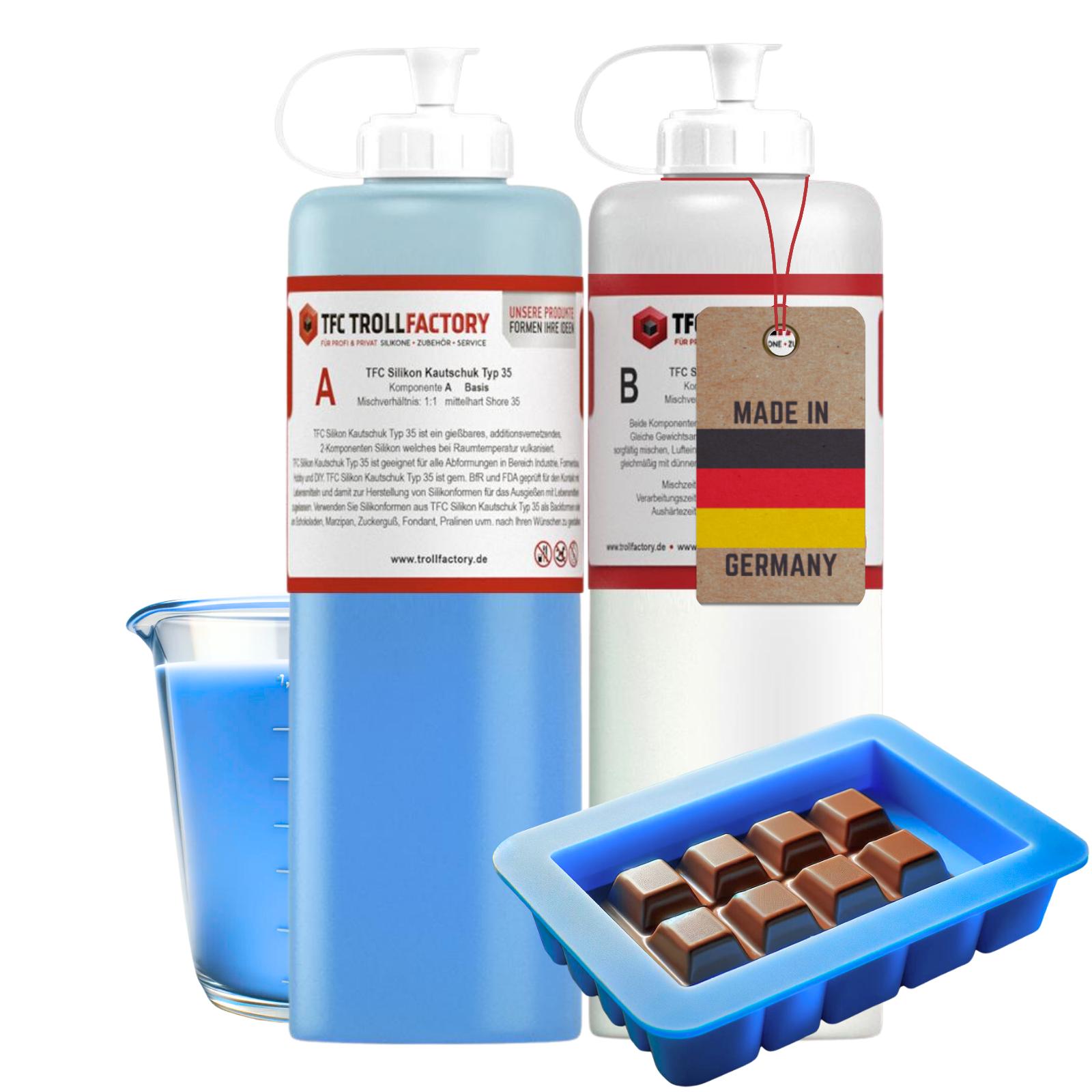 TFC Silikon Kautschuk Typ 35 Lebensmittel blau mittelhart Shore 1:1  - Größe: 500g TFC Silikon Kautschuk Typ 35 Lebensmittel blau mittelhart Shore 1:1  - Größe: 500g