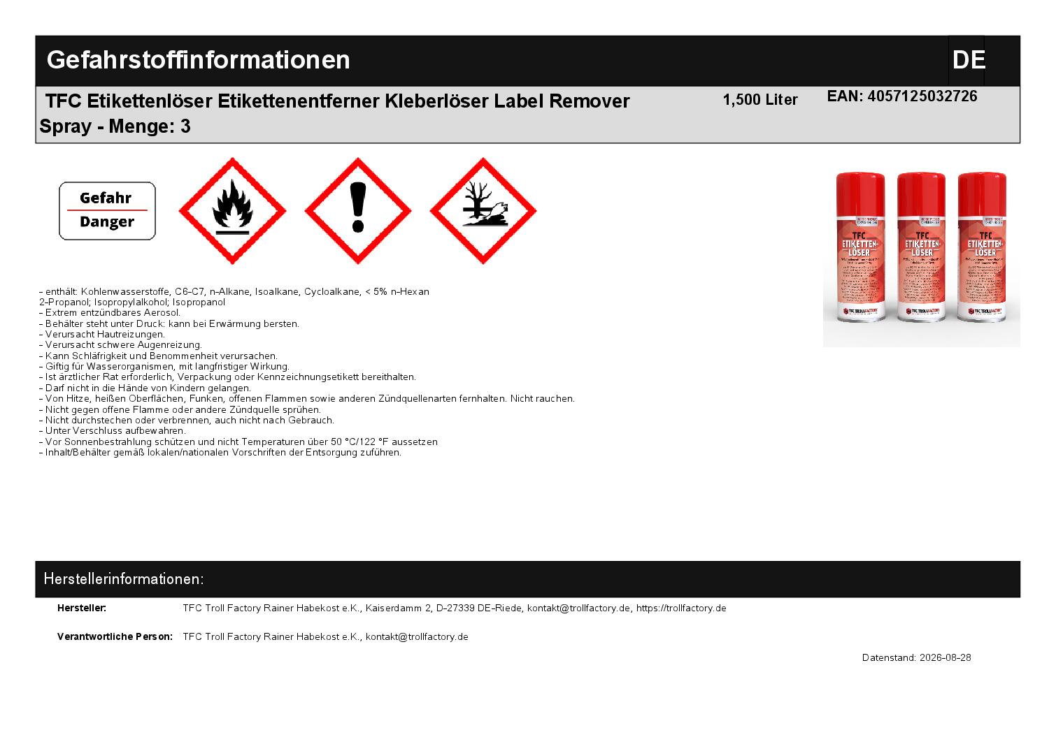 TFC Etikettenlöser Etikettenentferner Kleberlöser Label Remover Spray - Menge: 3