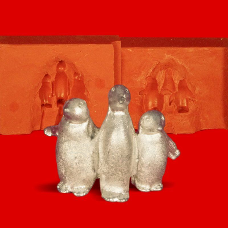 Zinngießform 3 Pinguine, ca. 25g Reinzinn